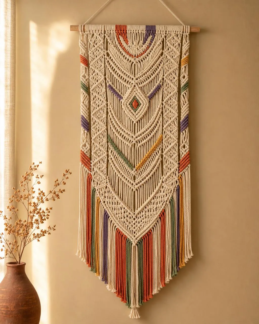 Tapiz de pared en macramé con hilos de color arcoíris